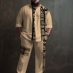 Big Guys Tribal Print Patchwork Long Sleeve Shirt 2-Piece Set